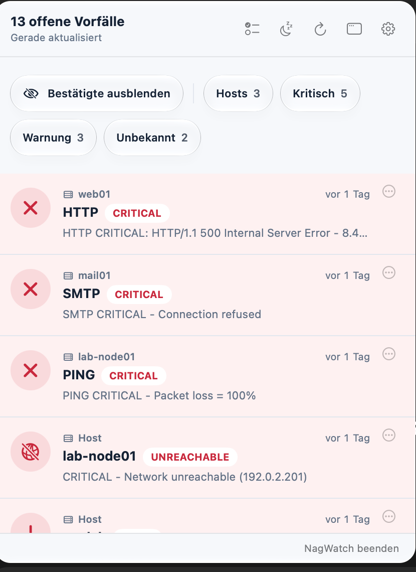 Die geöffnete macOS-Menüleistenansicht mit 13 Vorfällen und Filtern nach Schweregrad