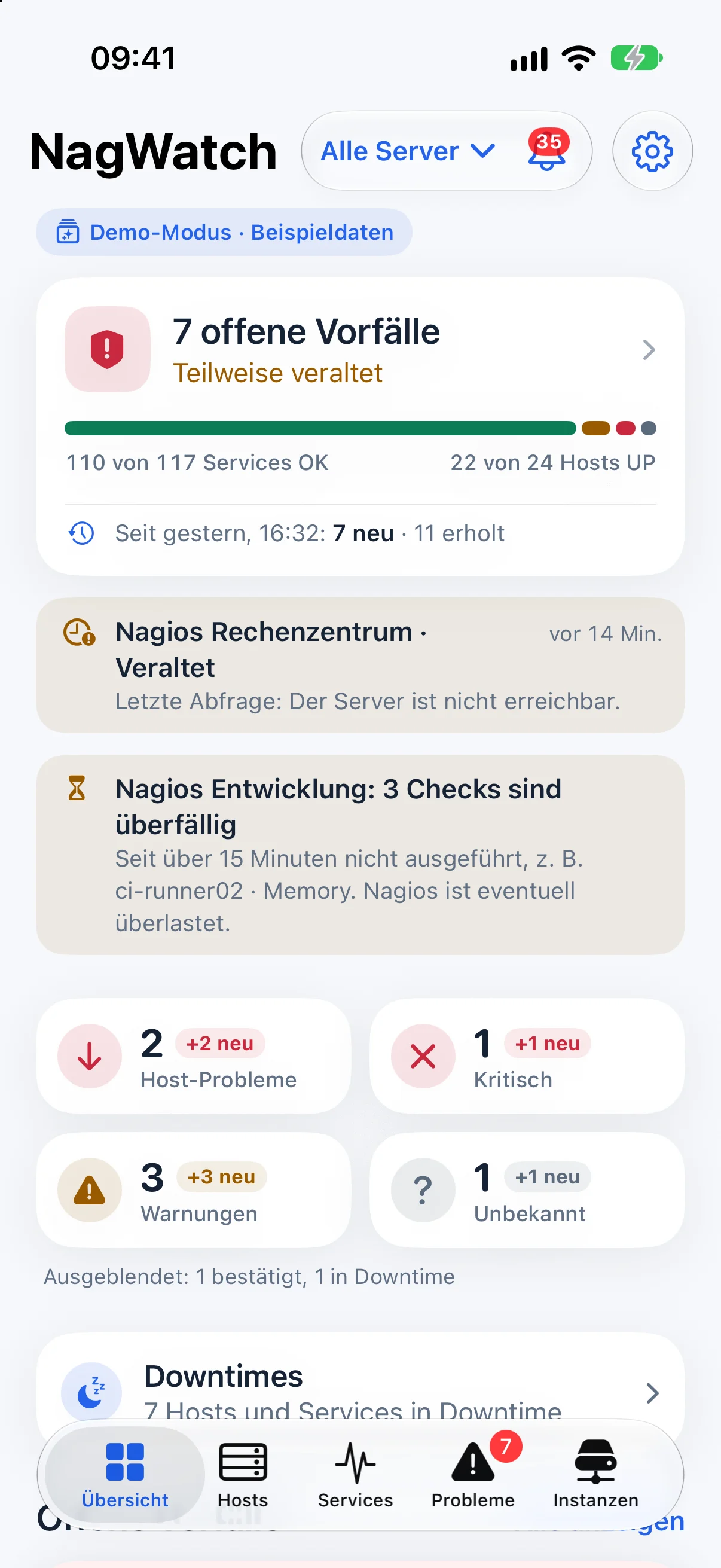 Die Übersicht zeigt offene Vorfälle, Status und den letzten Datenstand