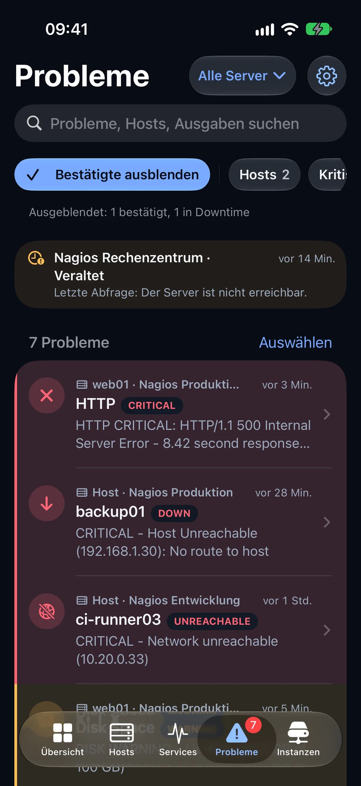 NagWatch im Dunkelmodus: offene Probleme nach Dringlichkeit