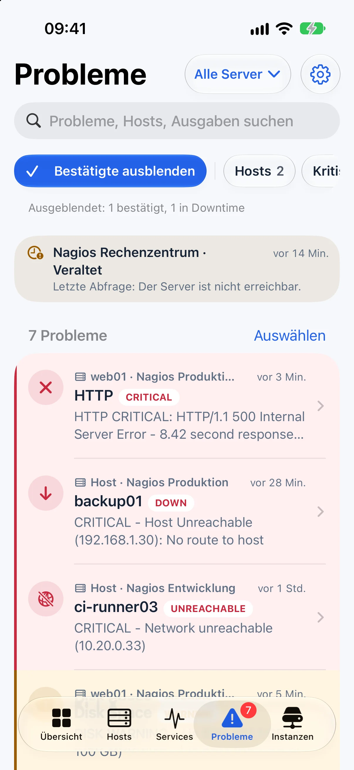Problemliste mit Suche, Schweregrad und Filtern