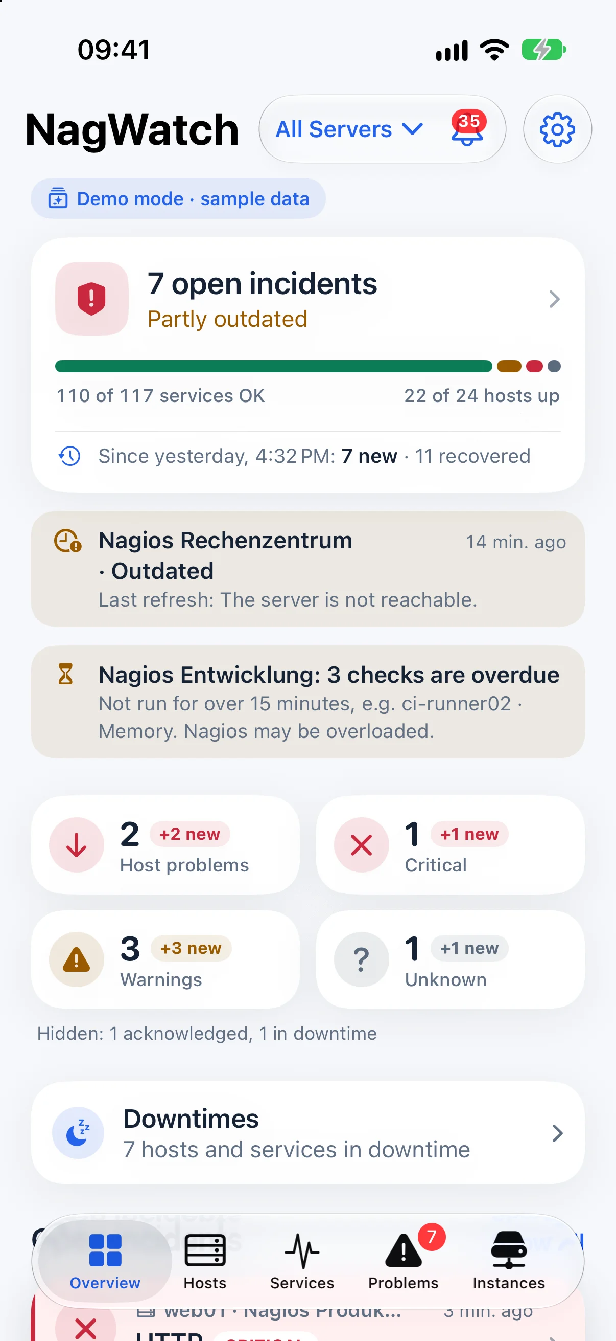 NagWatch in light mode: monitoring overview and open incidents
